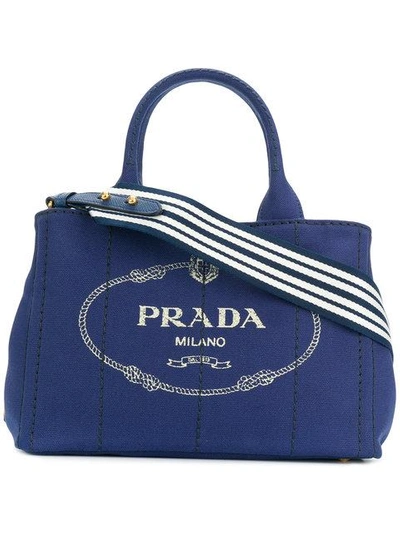 Prada Logo Print Tote Bag In Blue