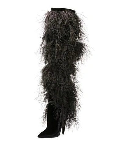 Saint Laurent Black Yeti 110 Ostrich Feather Over-the-knee Boots