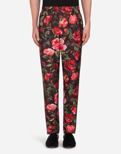 Dolce & Gabbana Pyjama Trousers In Printed Silk In Bordeaux