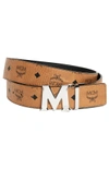 Mcm Reversible Signature Leather Belt In Cognac & Silver