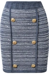 Balmain Jersey-trimmed Button-embellished Tweed Mini Skirt In Blue