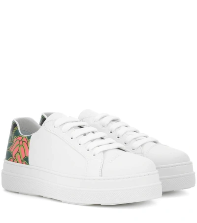 Prada Printed Leather Sneakers In White