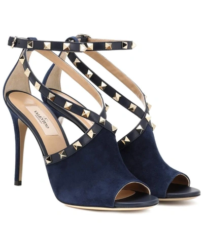 Valentino Garavani Suede Rockstud Ankle-wrap Sandal In Marine