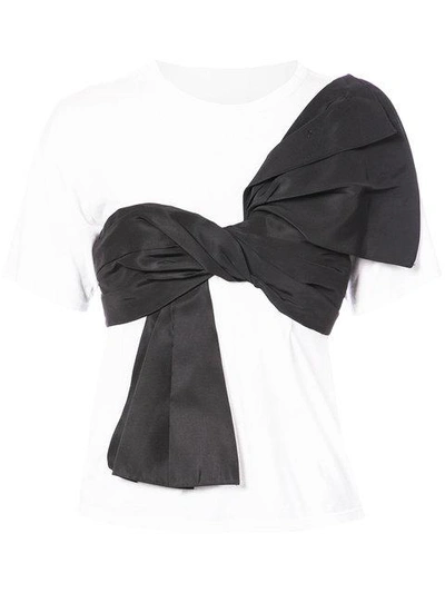 Oscar De La Renta Crewneck Cotton T-shirt W/ Front Bow Sash In White Black Multi