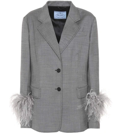 Prada Feather-embellished Two-button Jacket In Granito