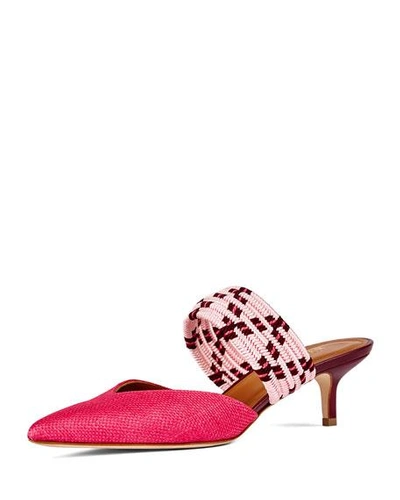 Malone Souliers Maisie Cord-trimmed Raffia And Leather Mules In Pink