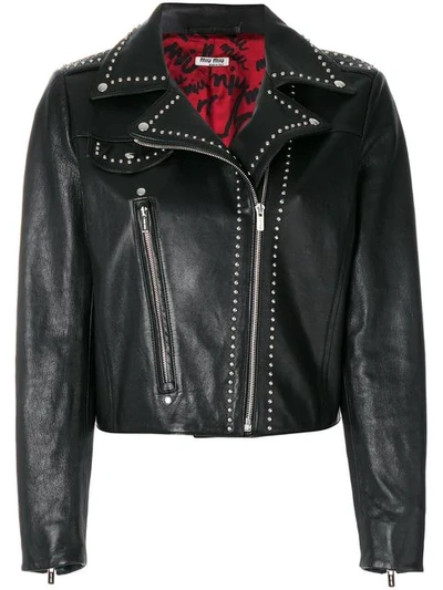 Miu Miu Embellished Leather Jacket In Black