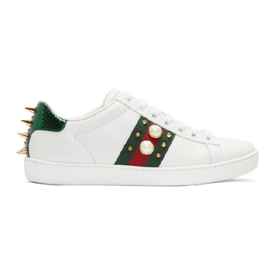 Gucci Ace Faux Pearl-embellished Metallic Watersnake-trimmed Leather Trainers In White