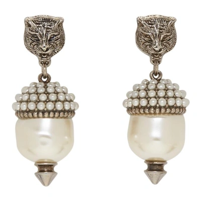 Gucci Feline Earrings With Faux Pearls In Metallic