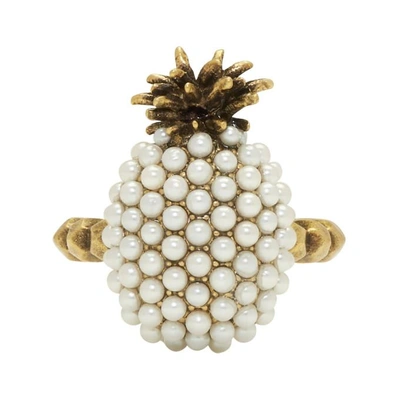 Gucci Faux Pearl Embellished Pineapple Ring In Metallic
