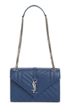 Saint Laurent V Flap Monogram Ysl Medium Envelope Shoulder Bag W/ Silvertone Hardware In Deep Marine / Deep Marine