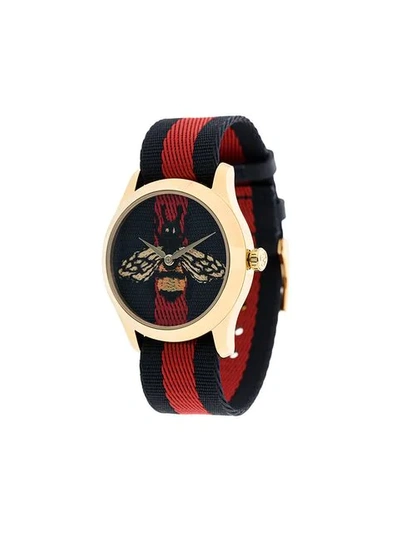 Gucci Bee-embroidered Nylon Web Watch, Blue/red In Navy/red