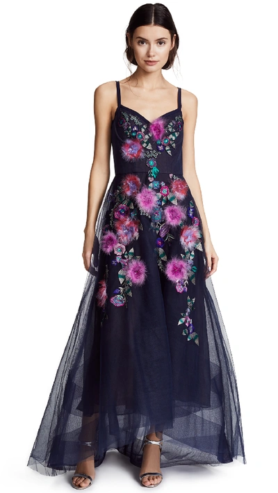 Marchesa Notte Corseted High Low Gown With Feather Embroidery In Navy