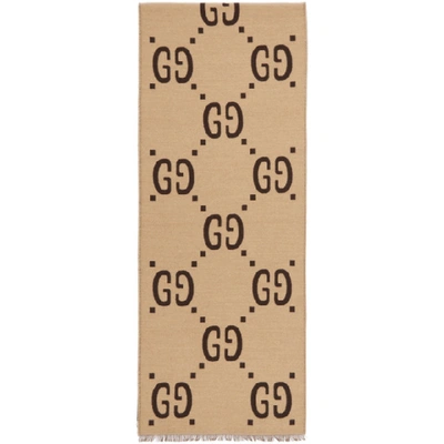 Gucci Fringed Logo-jacquard Brushed Wool And Silk-blend Scarf In Brown