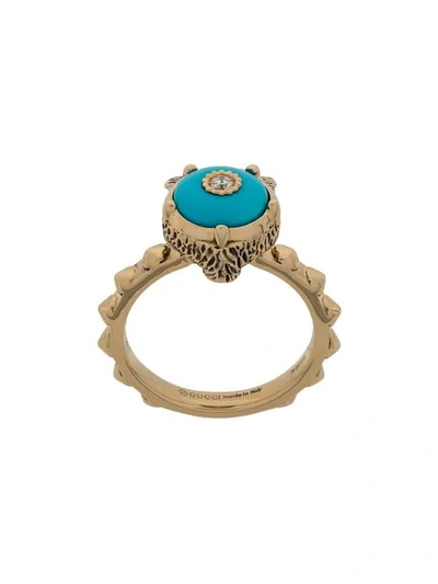 Gucci 18k Yellow Gold Le Marché Des Merveilles Turquoise & Diamond Feline Head Ring In Metallic