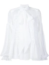 Givenchy Long-sleeve Flounce-hem Sheer Silk Georgette Blouse W/ Lace In White