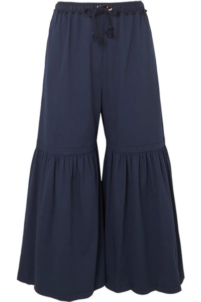 See By Chloé Gathered Cropped Cotton-blend Wide-leg Trousers In Navy