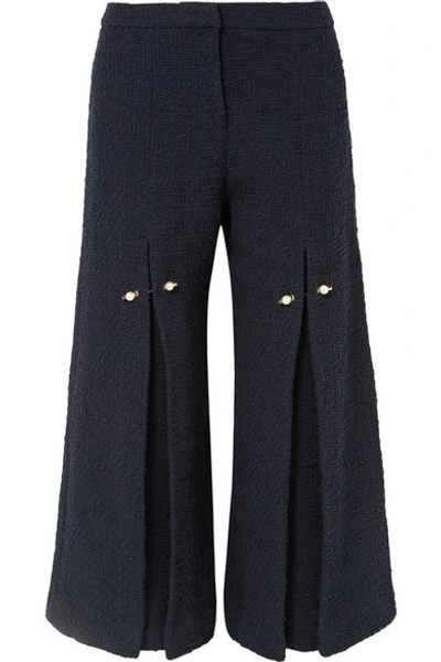 Mother Of Pearl Bennie Faux Pearl-embellished Pleated Cotton-tweed Wide-leg Trousers In Navy
