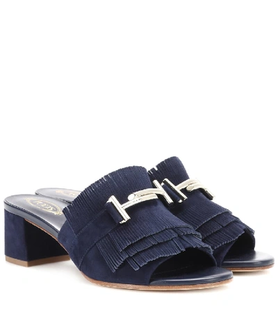 Tod's Fringed Suede Mules In Blue
