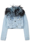 PRADA CROPPED FEATHER-TRIMMED DENIM JACKET