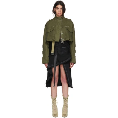Off-white High-neck Striped-print Cropped Linen Jacket In Military Green