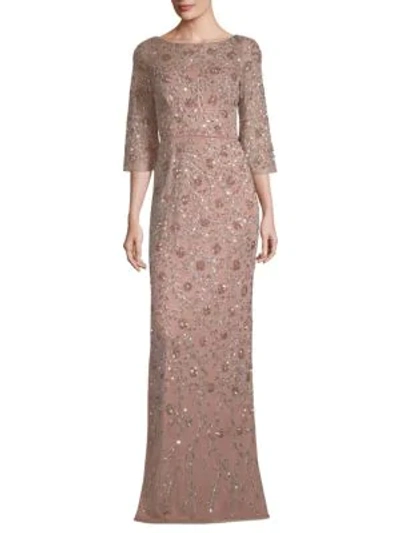Aidan Mattox Embellished Three-quarter-sleeve Gown In Rose Gold