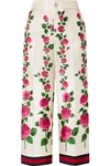 GUCCI CROPPED GROSGRAIN-TRIMMED FLORAL-PRINT SILK-TWILL WIDE-LEG PANTS