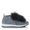 JIMMY CHOO NORWAY Dusk Blue Knit and Steel Mix Lurex Trainers with Fur Pom Poms,NORWAYKIO S
