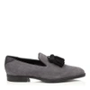 JIMMY CHOO FOXLEY SLATE DRY SUEDE CONTRAST TASSELLED SLIPPERS,FOXLEYDRA S