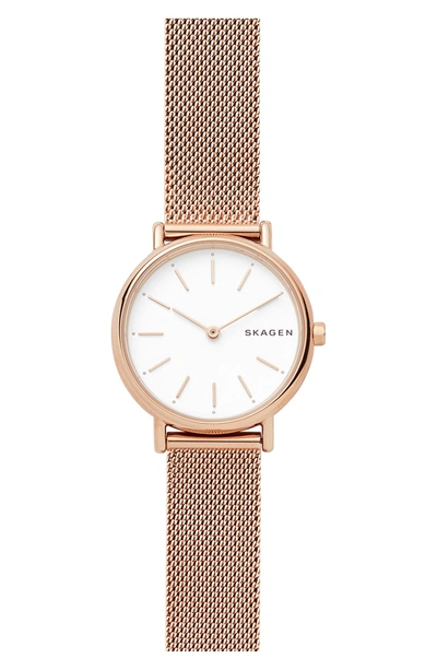 Skagen Women's Signatur Slim Rose Gold-tone Stainless Steel Mesh Bracelet Watch 30mm In Rose Gold/ White/ Rose Gold