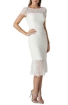Kay Unger Boat-neck Short-sleeve Textured Lace Sheath Dress W/ Flounce Hem In Ivory