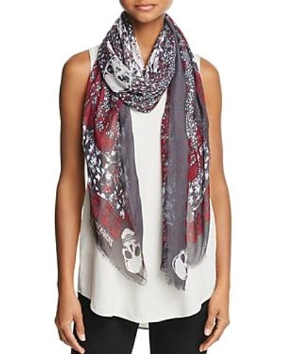 Zadig & Voltaire Kerry Garden Scarf W/ Frayed Edges In Gray/red/light Blue