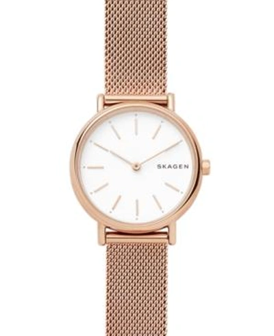 Skagen Women's Signatur Slim Rose Gold-tone Stainless Steel Mesh Bracelet Watch 30mm In Rose Gold/ White/ Rose Gold