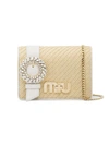 Miu Miu My Miu Crystal-embellished Textured-leather And Raffia Shoulder Bag In White