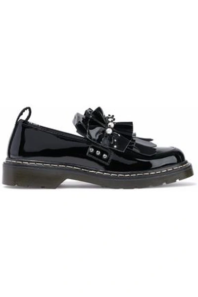 Mother Of Pearl Woman Faux Pearl-embellished Ruffled Patent-leather Loafers Black