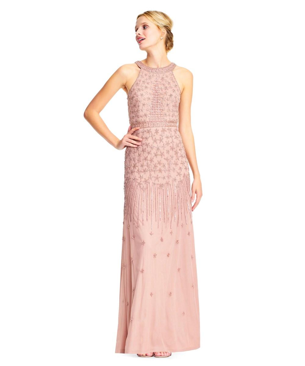 adrianna papell rose gold sequin gown