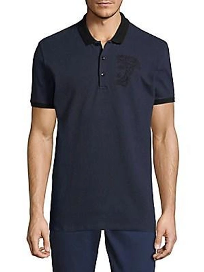Versace Embroidered Cotton Polo In Blue+print