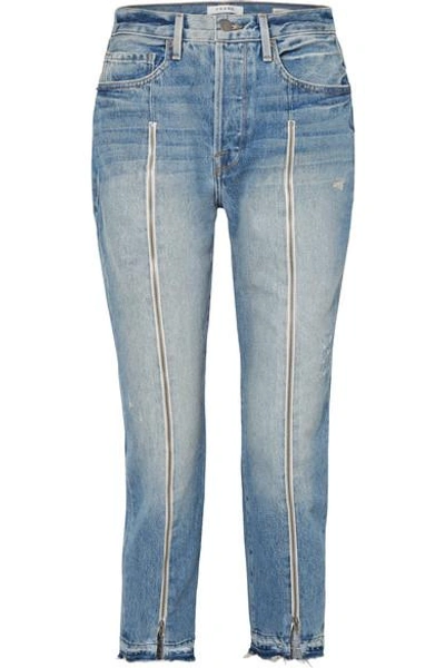 Frame Le Original Zip-embellished Frayed High-rise Straight-leg Jeans In Blue