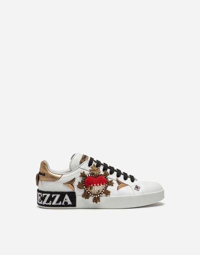 Dolce & Gabbana Embellished Portofino White Leather Sneakers