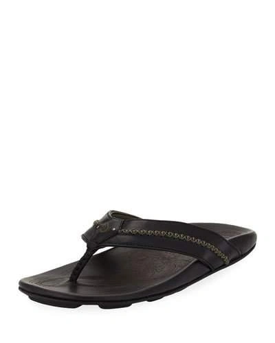 Olukai Men's Mea Ola Leather Thong Sandals, Brown/red