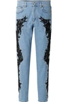 MOSCHINO LACE-APPLIQUÉD AND CRYSTAL-EMBELLISHED BOYFRIEND JEANS