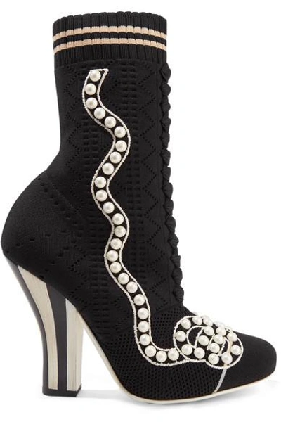 Fendi Faux Pearl-embellished Stretch-knit Sock Boots In Nero-prl
