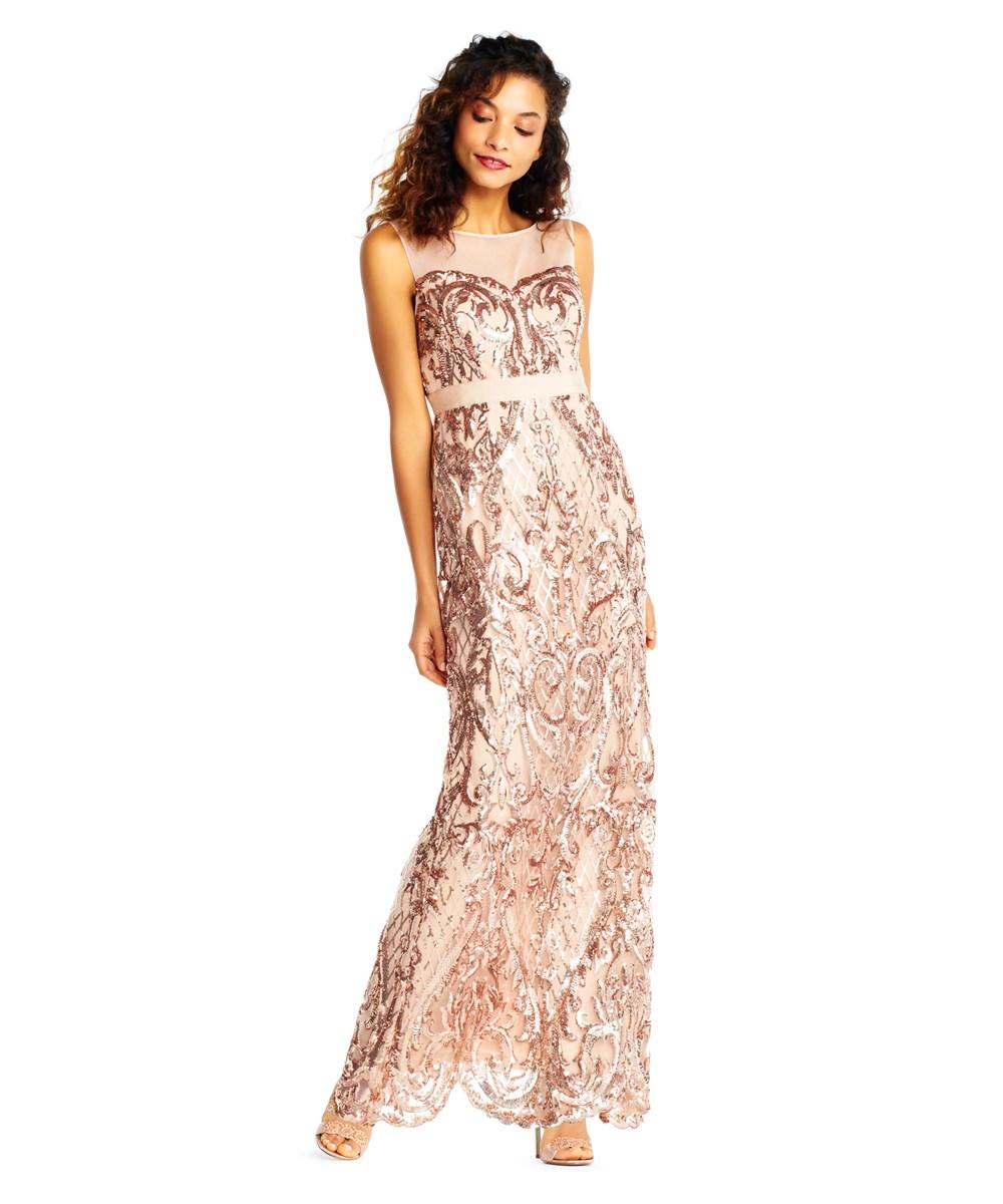 adrianna papell rose gold gown