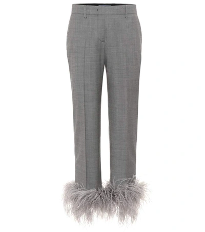 Prada Feather-embellished Straight-leg Pants In Grey