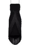 CINQ À SEPT WOMAN YOLETTE TWIST-FRONT SATIN-PANELED FRINGE-TRIMMED CREPE DRESS BLACK,US 4772211933824152