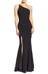 Dress The Population Amy One-shoulder Crepe Gown In Black