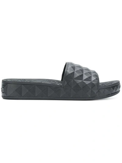 Ash Diamond Embossed Faux Leather Slides In Black
