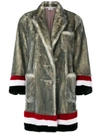 THOM BROWNE SINGLE BREASTED SACK OVERCOAT WITH INTARSIA RED, WHITE AND BLUE STRIPE IN DYED LONG HAIR MINK FUR,FOC355X0135512551039
