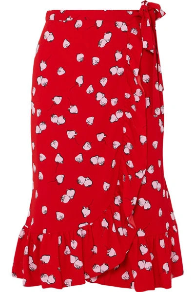 Miu Miu Strawberry Print Ruffle Wrap Skirt In Red