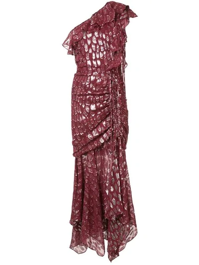 Veronica Beard Leighton One-shoulder Ruffled Metallic Silk-blend Jacquard Dress In Red-slvr